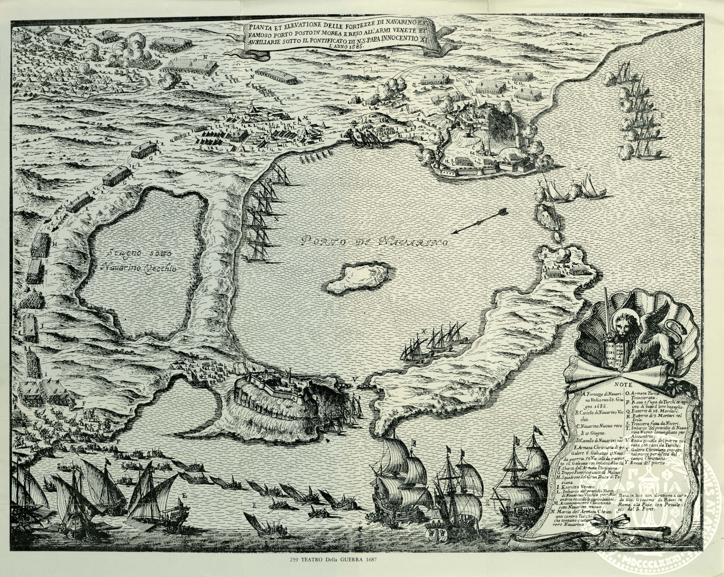 Pianta et elevation delle Fortezze di Navarino e suo famoso porto posto in Moea e reso all' armi Venete et ausiliarie sotto il Pontifecato di N. S. Papa Innocentio XI l' anno 1685.